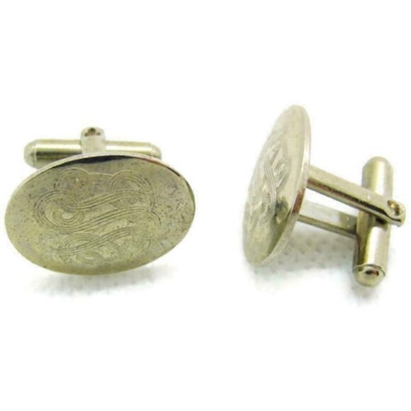 Men Vintage Cufflinks Etched Bullet Style Silver Tone Oval 7/8" x 5/8" - Picture 1 of 5